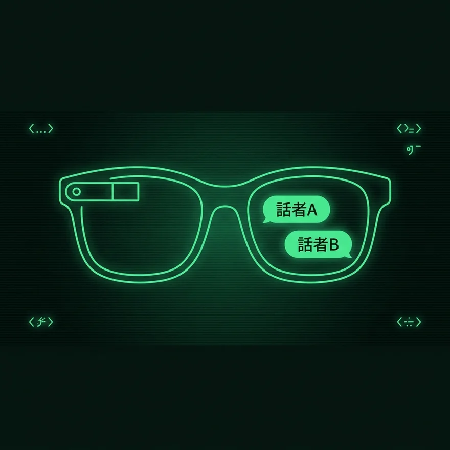HUDグラスのレンズに話者A・話者Bの字幕が表示されているイラスト