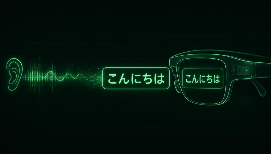 耳からの音声波形が「こんにちは」という読みやすい字幕に変換されるイラスト