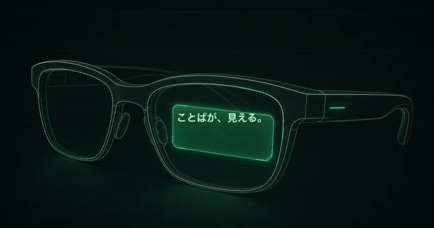 ARグラスのレンズ内に「ことばが、見える。」という文字が表示されているイラスト