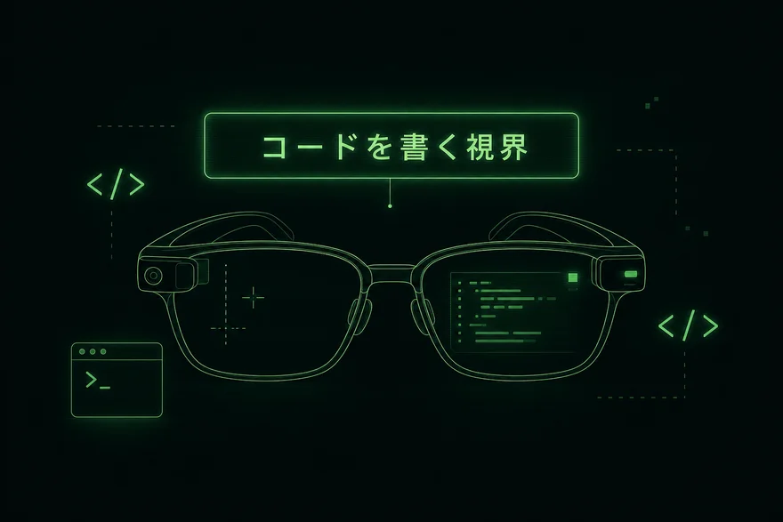 スマートグラスのレンズ越しにコードが表示されているイラスト「コードを書く視界」