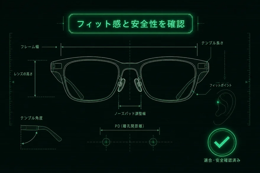 メガネのフレーム幅・鼻パッド・テンプルなどフィットの計測ポイントを示した図解イラスト