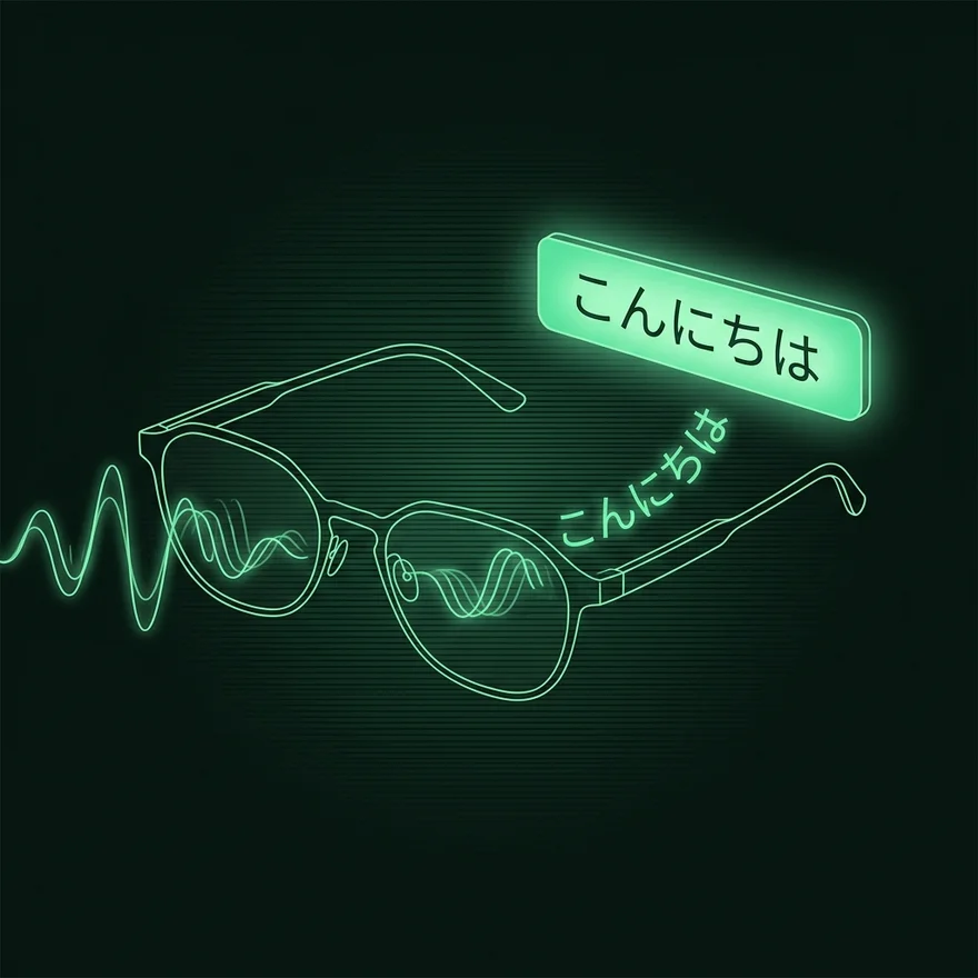 音声の波形がスマートグラスを通って「こんにちは」という字幕に変わるイラスト